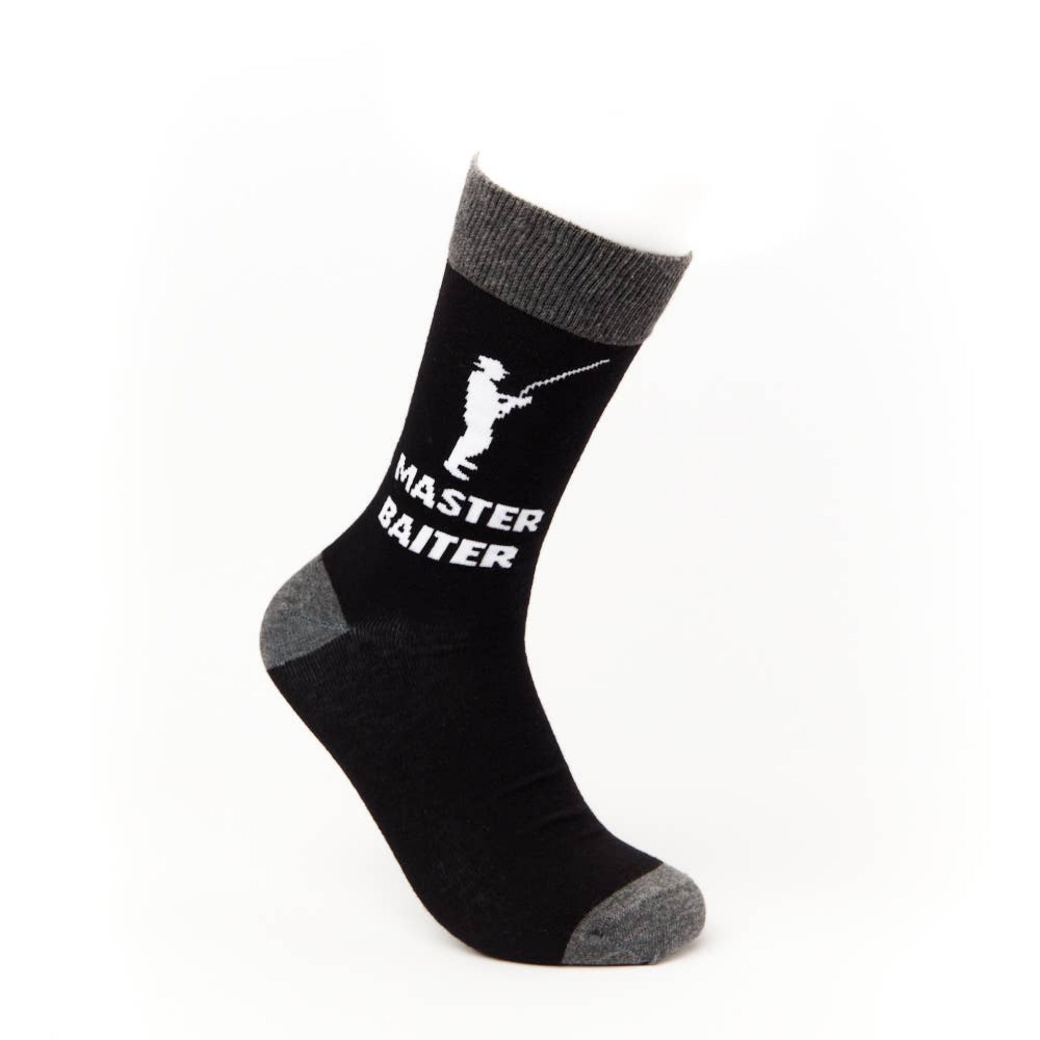 Black novelty sock with grey heel and toe featuring fishing themed slogan design angled on white background