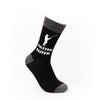 Black novelty sock with grey heel and toe featuring fishing themed slogan design angled on white background