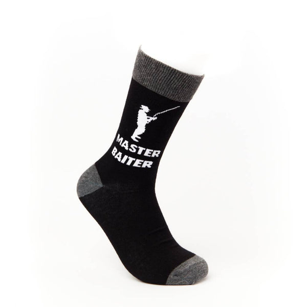 Black novelty sock with grey heel and toe featuring fishing themed slogan design angled on white background