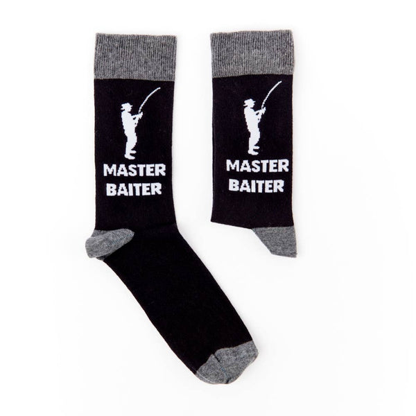 Pair of black novelty socks with grey trim featuring fishing themed slogan design