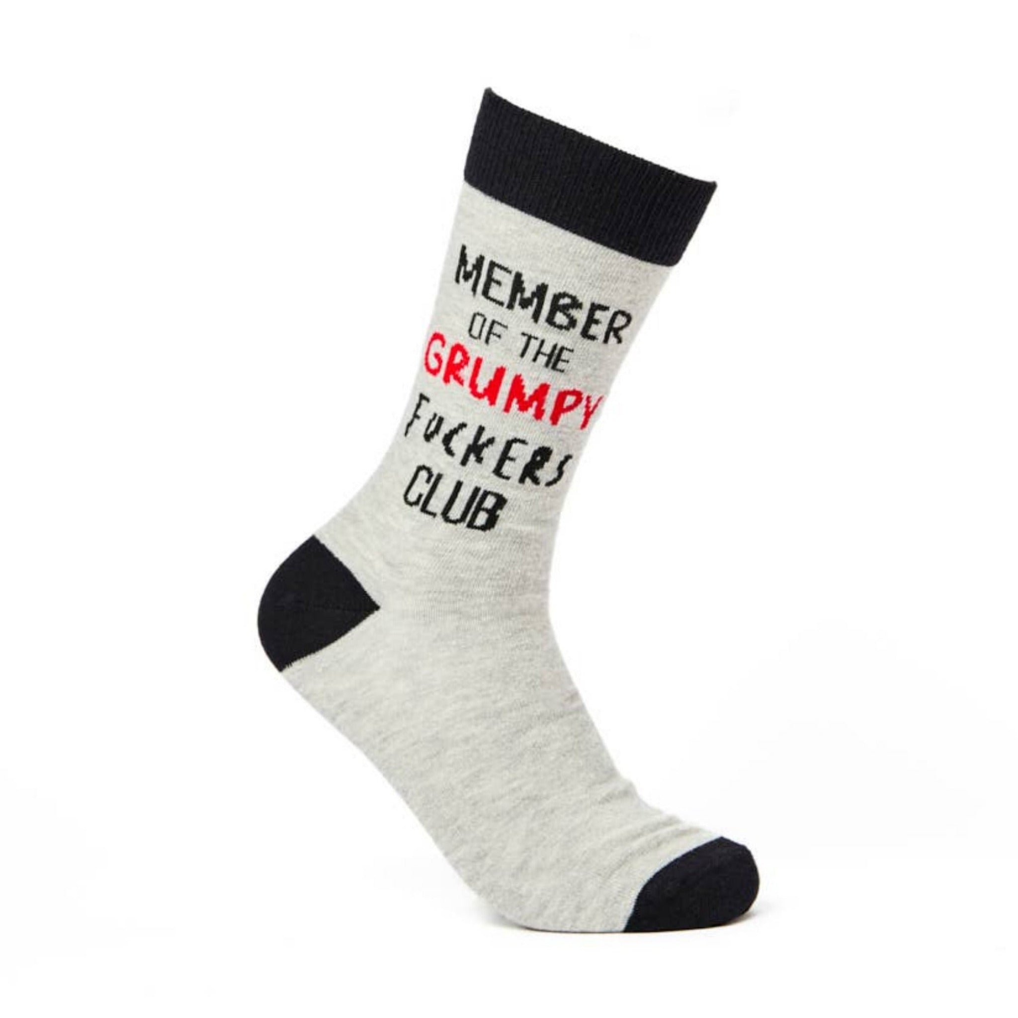 Grey novelty sock with black heel and toe featuring grumpy club slogan angled on white background
