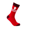 Red novelty sock with bold legend slogan and arrow design angled on white background