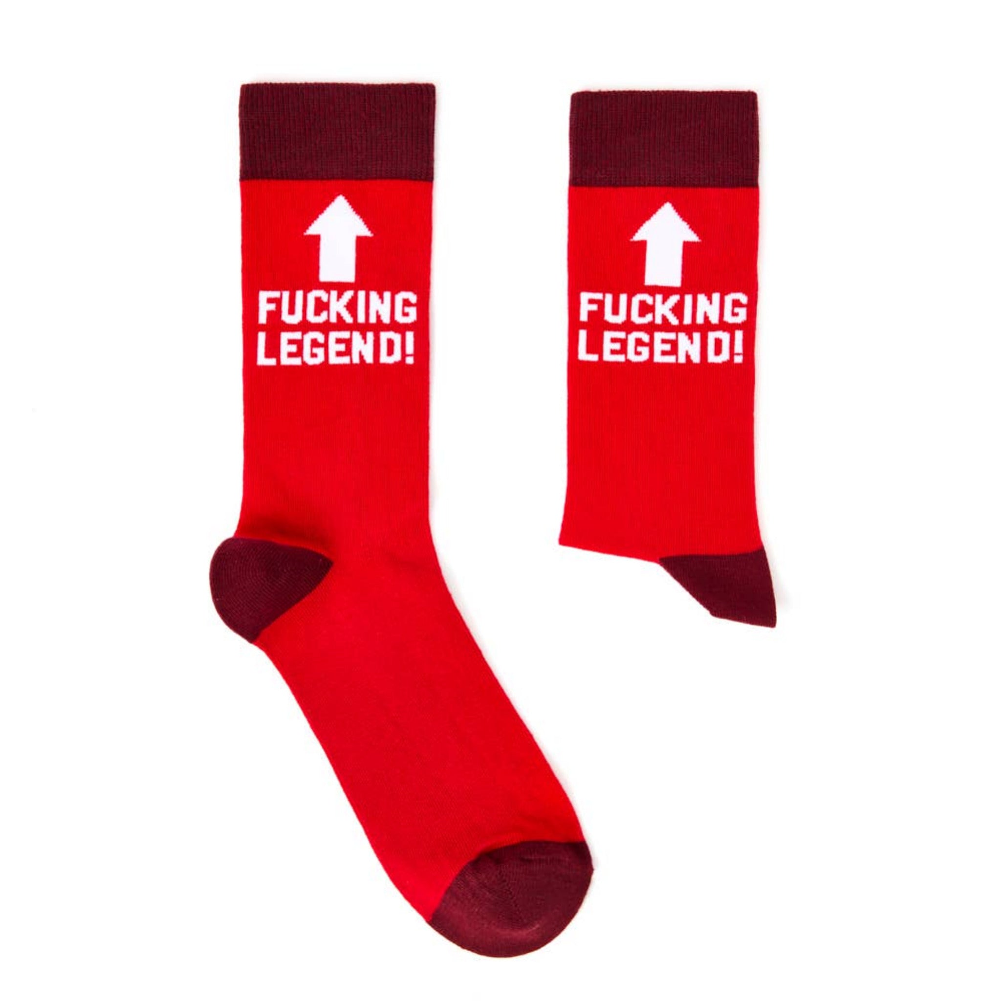 Pair of red novelty socks with bold legend slogan and arrow design