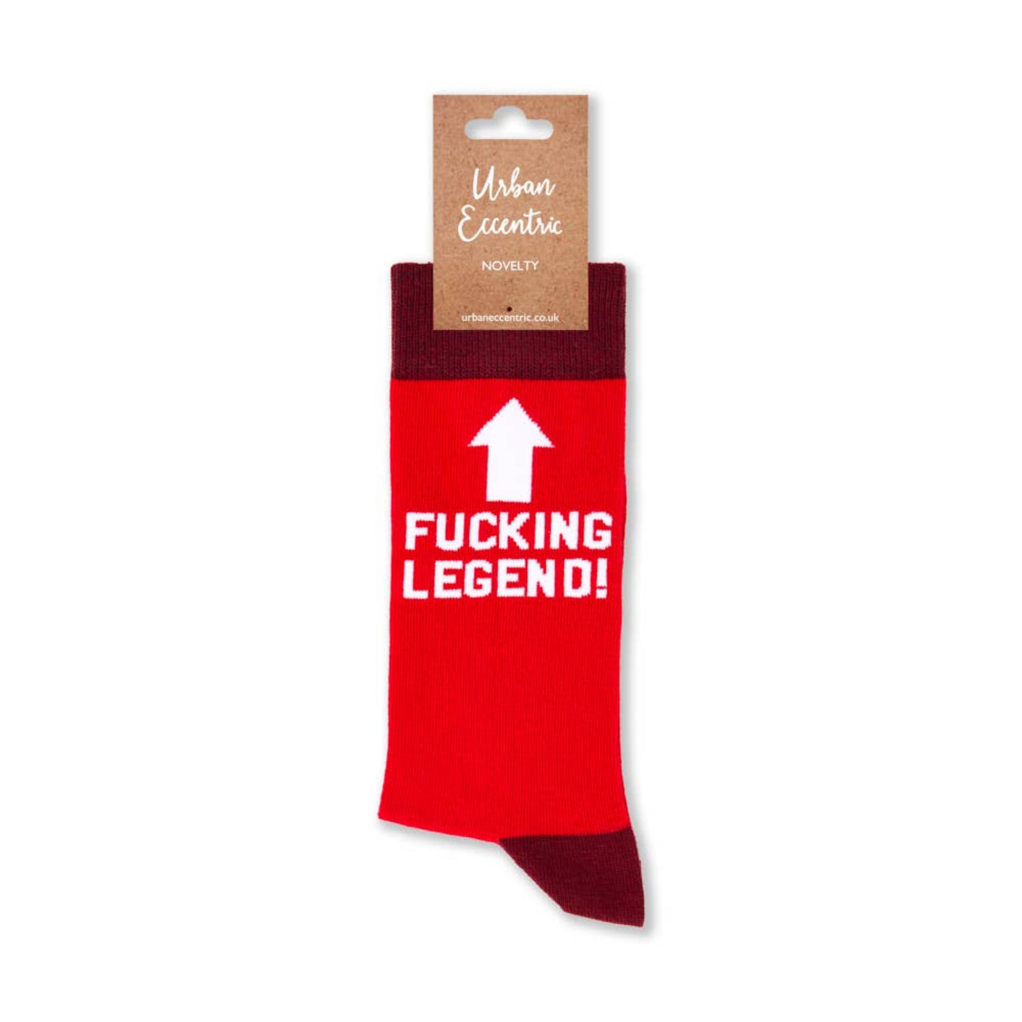 Red novelty legend socks with retail tag attached showing packaging presentation