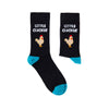 Pair of black novelty socks with blue heel and toe featuring little clucker design