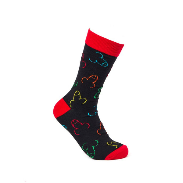 Black novelty sock with red heel and toe featuring colourful patterned design angled on white background