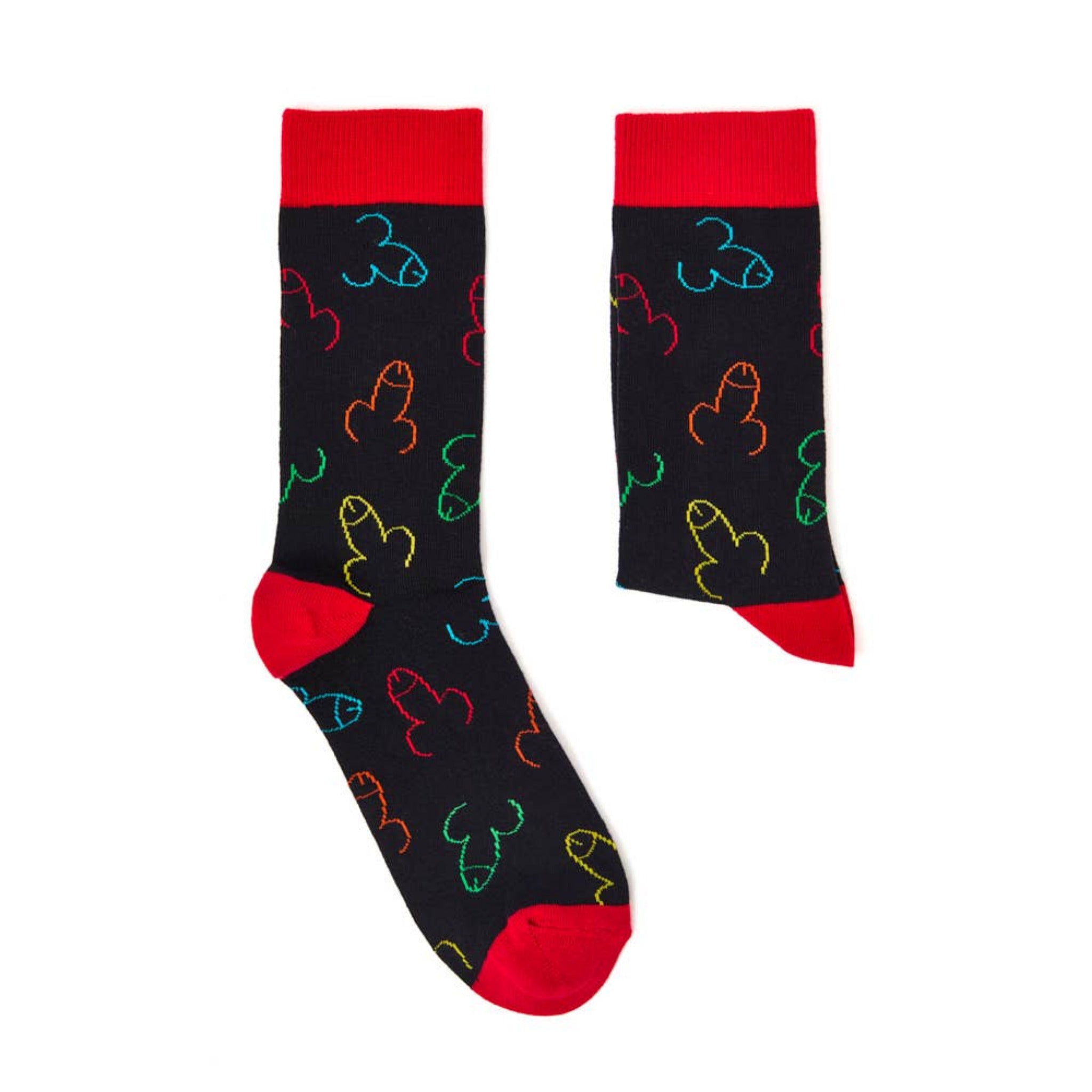 Pair of black novelty socks with red heel and toe featuring colourful all-over pattern