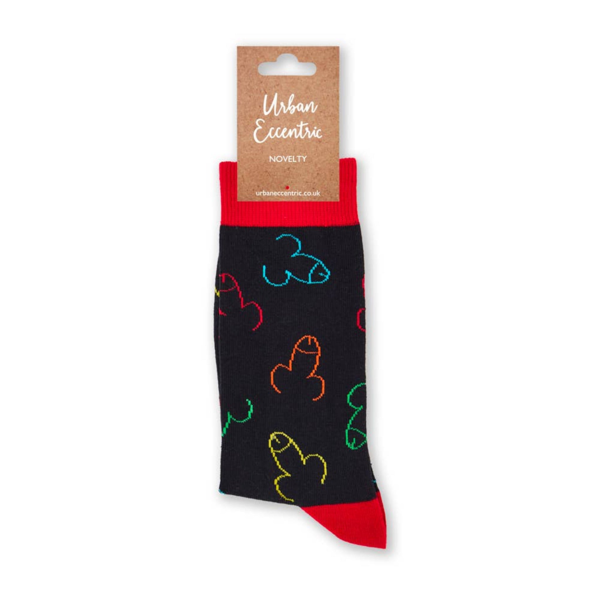 Black novelty patterned socks with red heel and toe shown with retail tag attached