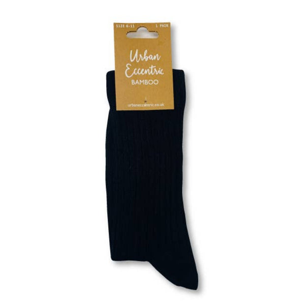 Black ribbed bamboo socks with retail tag attached showing packaging