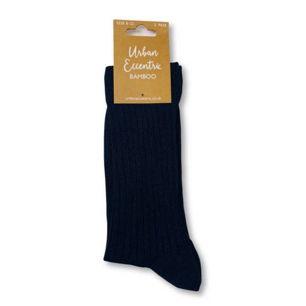 Navy ribbed bamboo socks with retail tag attached showing packaging
