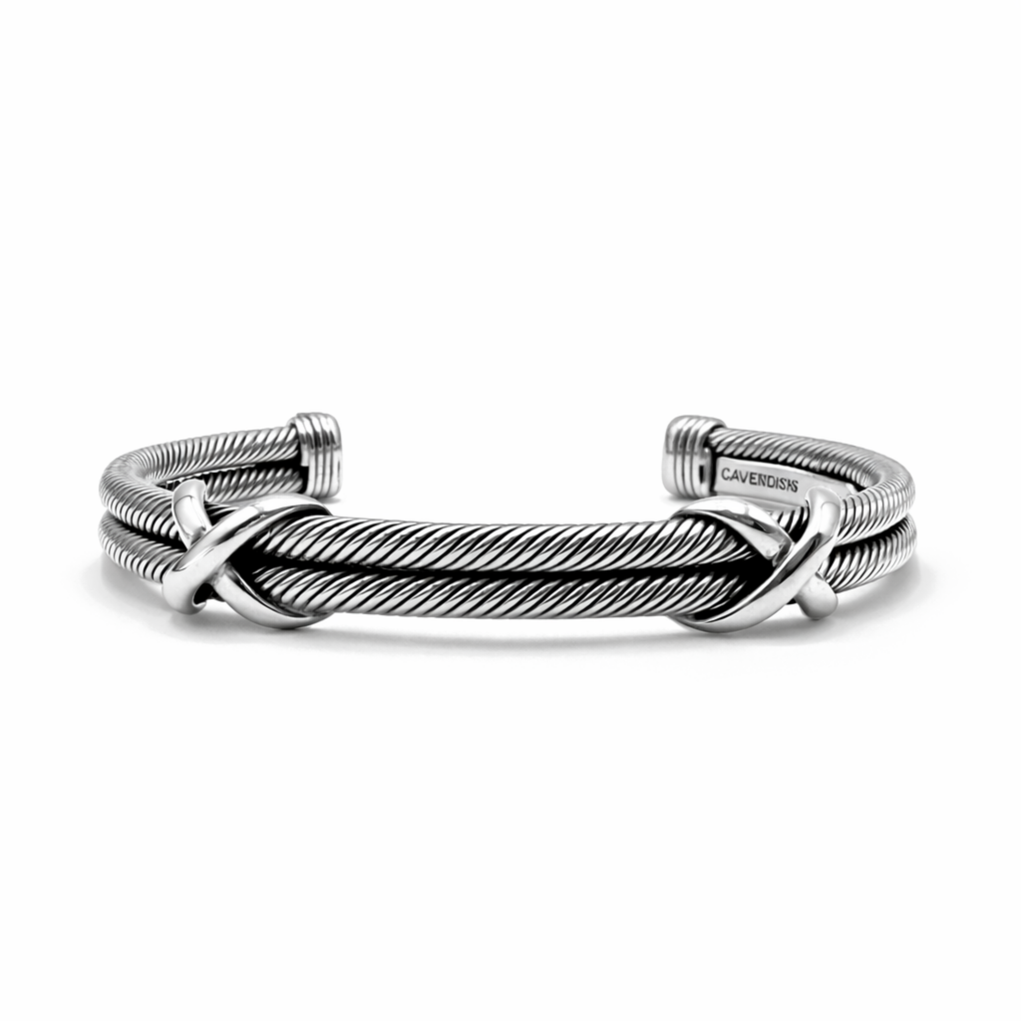 Men’s sterling silver cuff bracelet with double rope design and crossover detail on white background