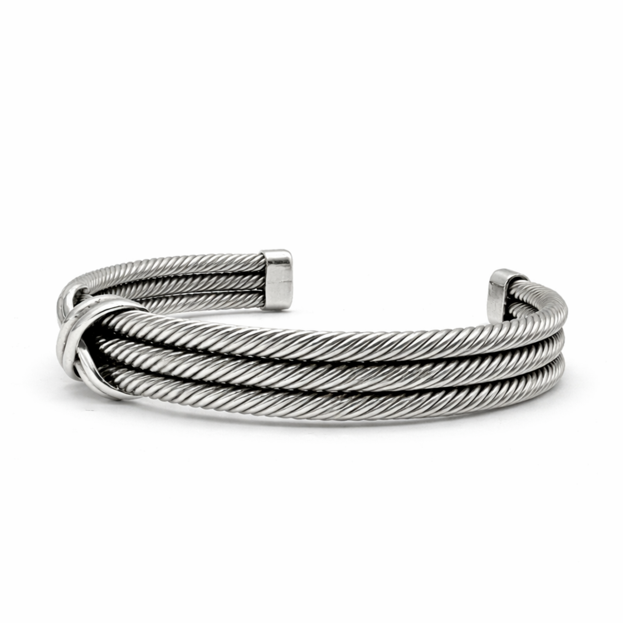 Side view of men’s sterling silver triple rope cuff bracelet showing twisted strands and crossover detail