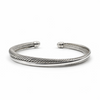 top view of men’s sterling silver twisted torque cuff bracelet showing rope detail and smooth band