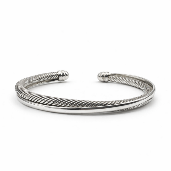 top view of men’s sterling silver twisted torque cuff bracelet showing rope detail and smooth band