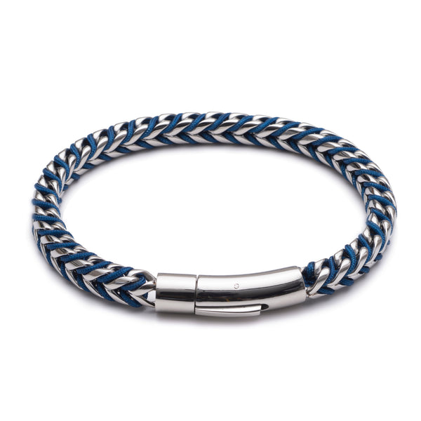 Mens stainless steel chain bracelet with blue woven cord and secure clasp
Mens stainless steel chain bracelet with brown woven cord detail