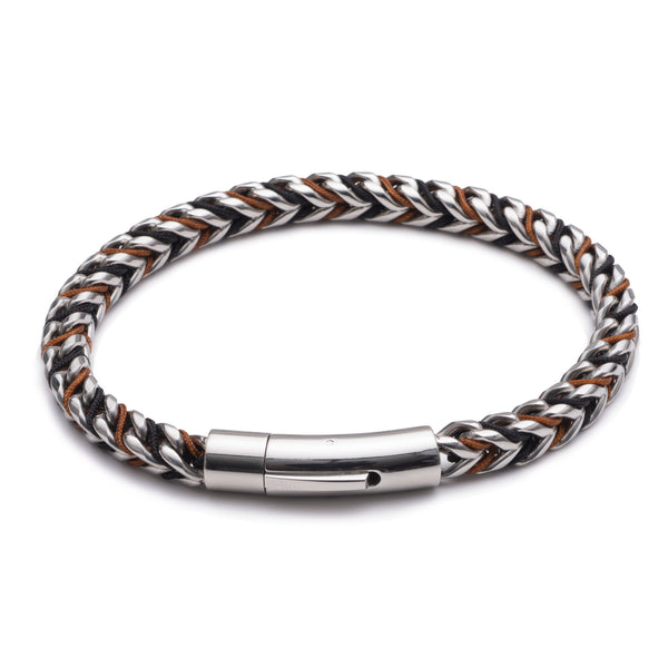 Mens stainless steel chain bracelet with brown woven cord detail