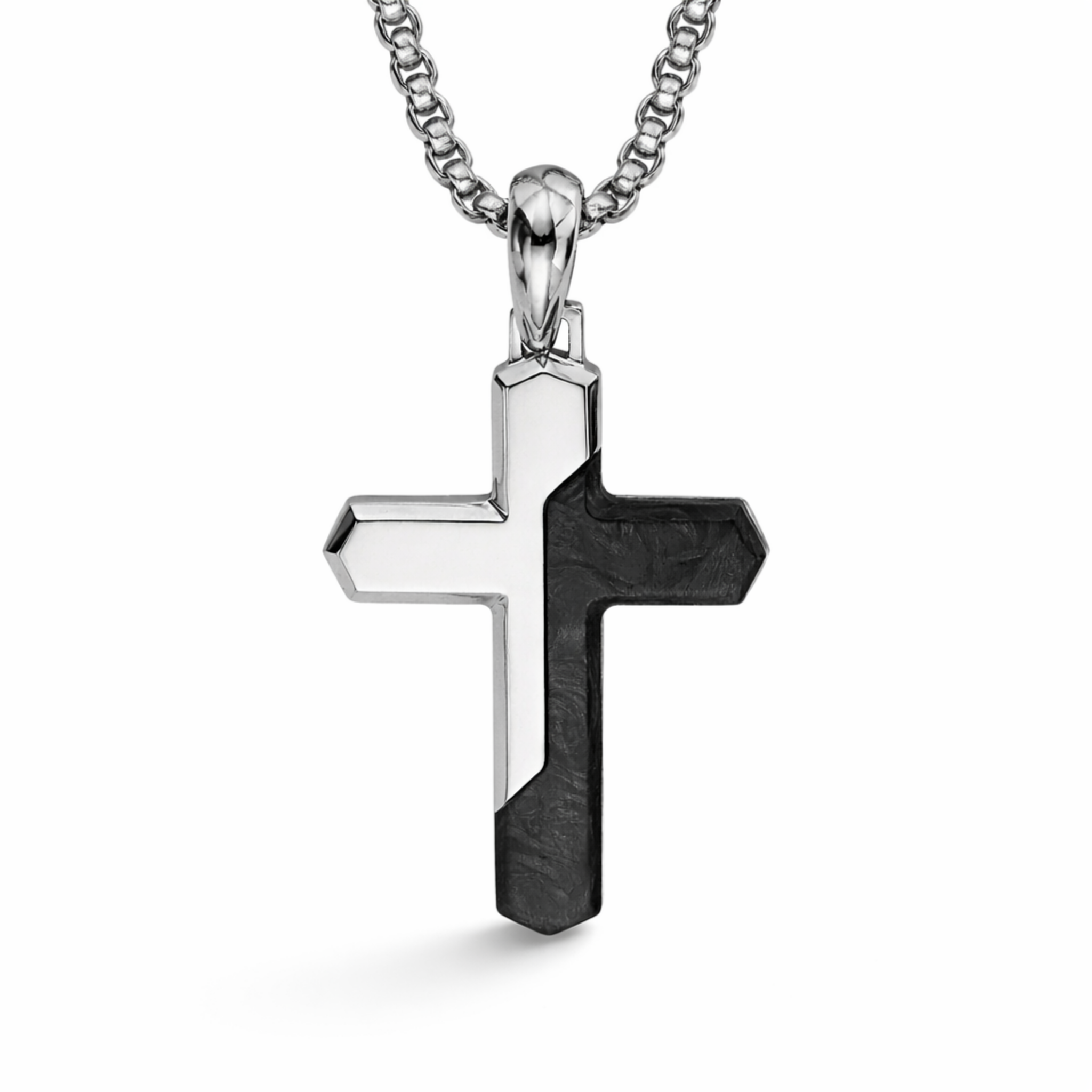 Men’s stainless steel and carbon fibre cross necklace on an adjustable chain, shown on a white background
