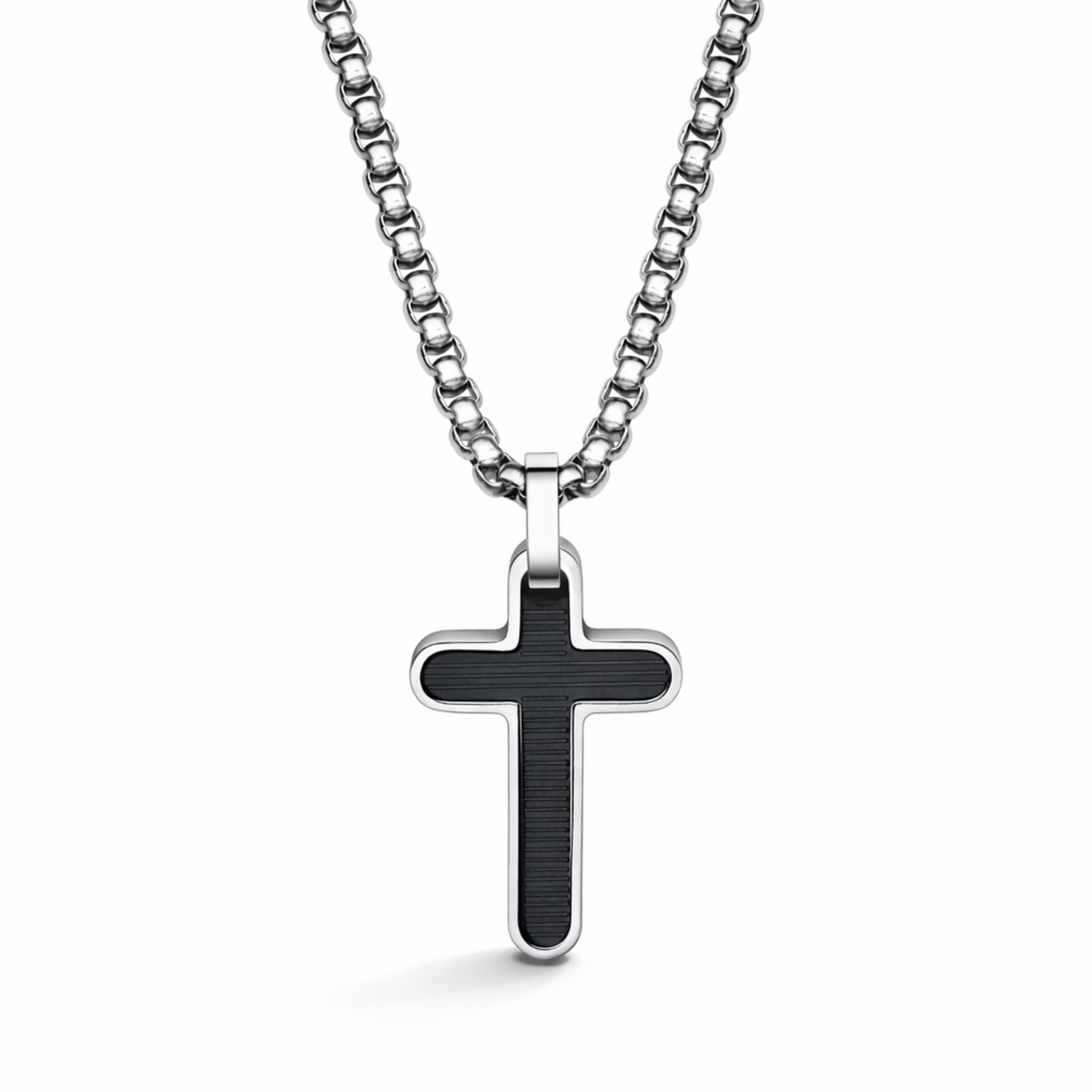 Men’s stainless steel cross necklace with black detail on an adjustable chain, shown on a white background