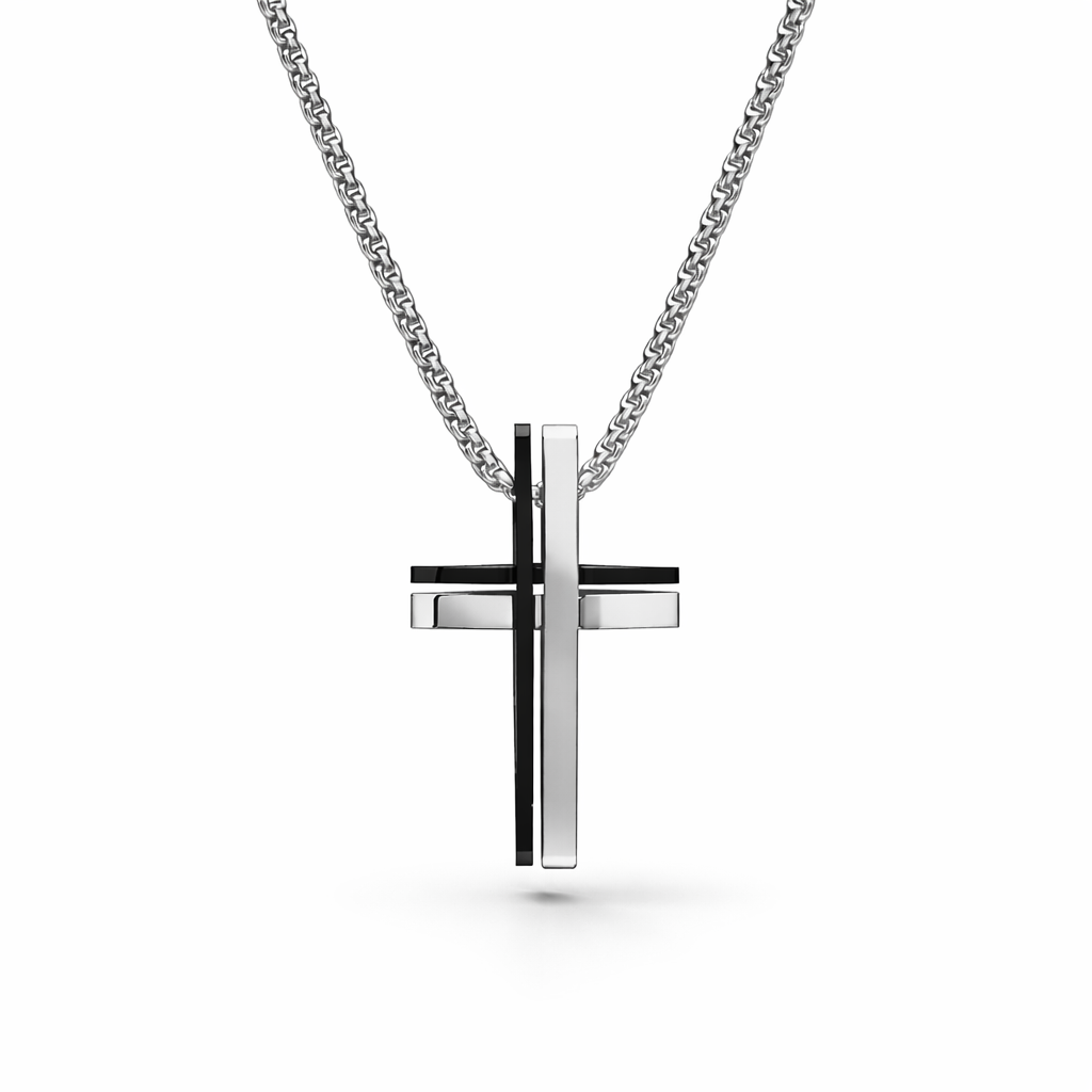 Men’s stainless steel cross necklace with black IP accent on a 20 inch chain, shown on a white background