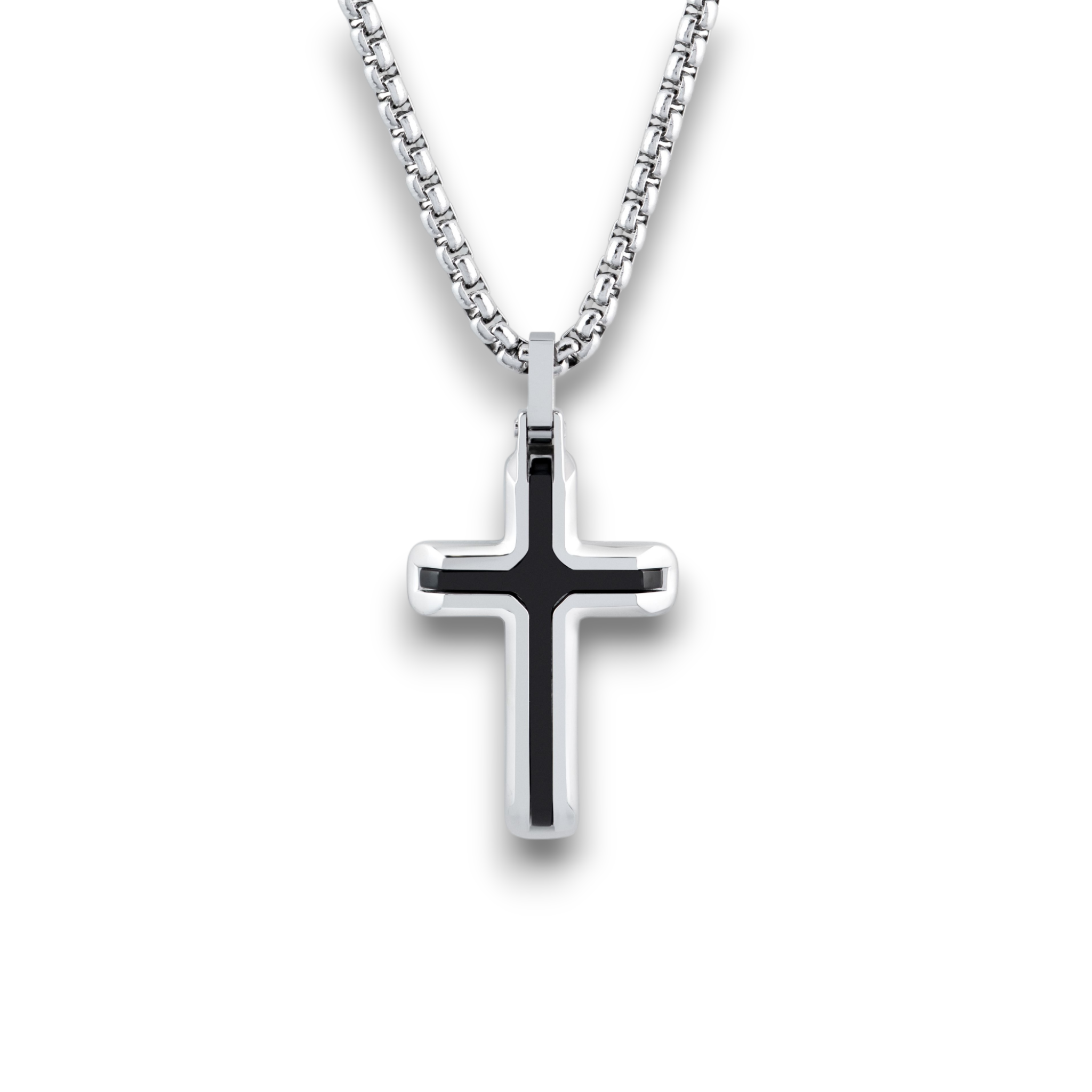 Men’s stainless steel cross necklace with black IP inlay on a 20 inch chain, shown on a white background