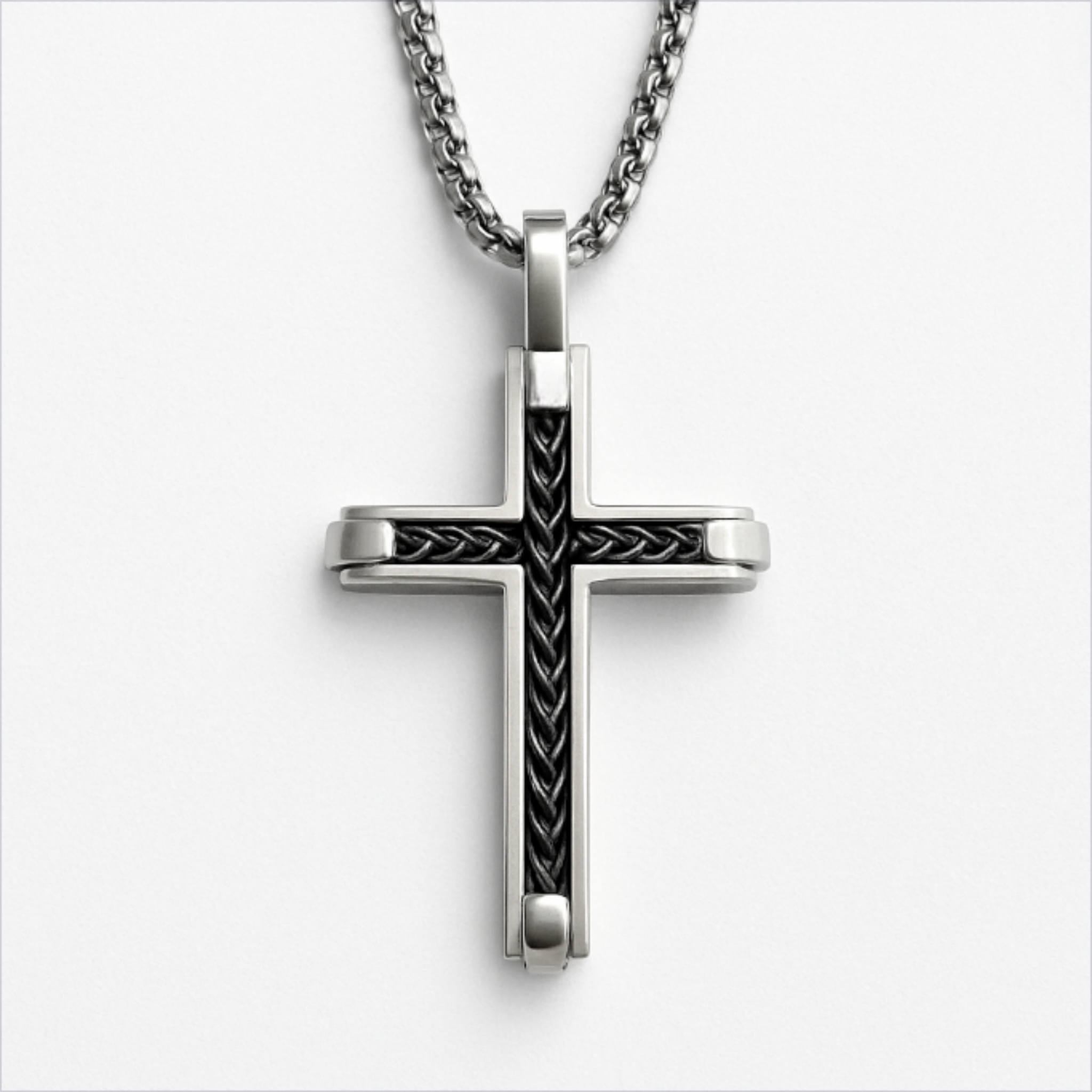 Men’s stainless steel cross necklace with black IP inlay and brushed finish on a 20 inch chain, shown on a white background