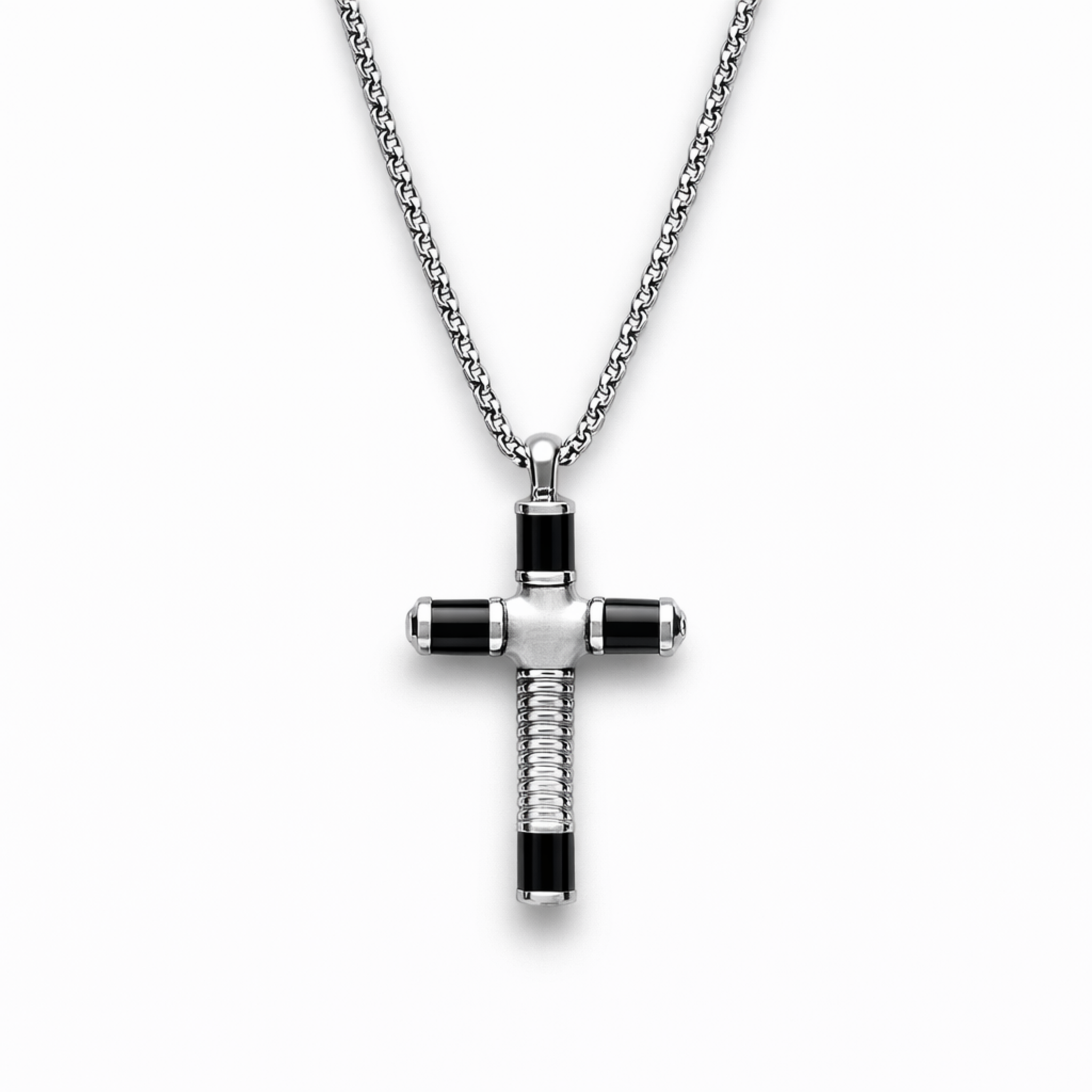 Men’s stainless steel cross necklace with black IP detail and mixed finish design on a 20 inch chain, shown on a white background