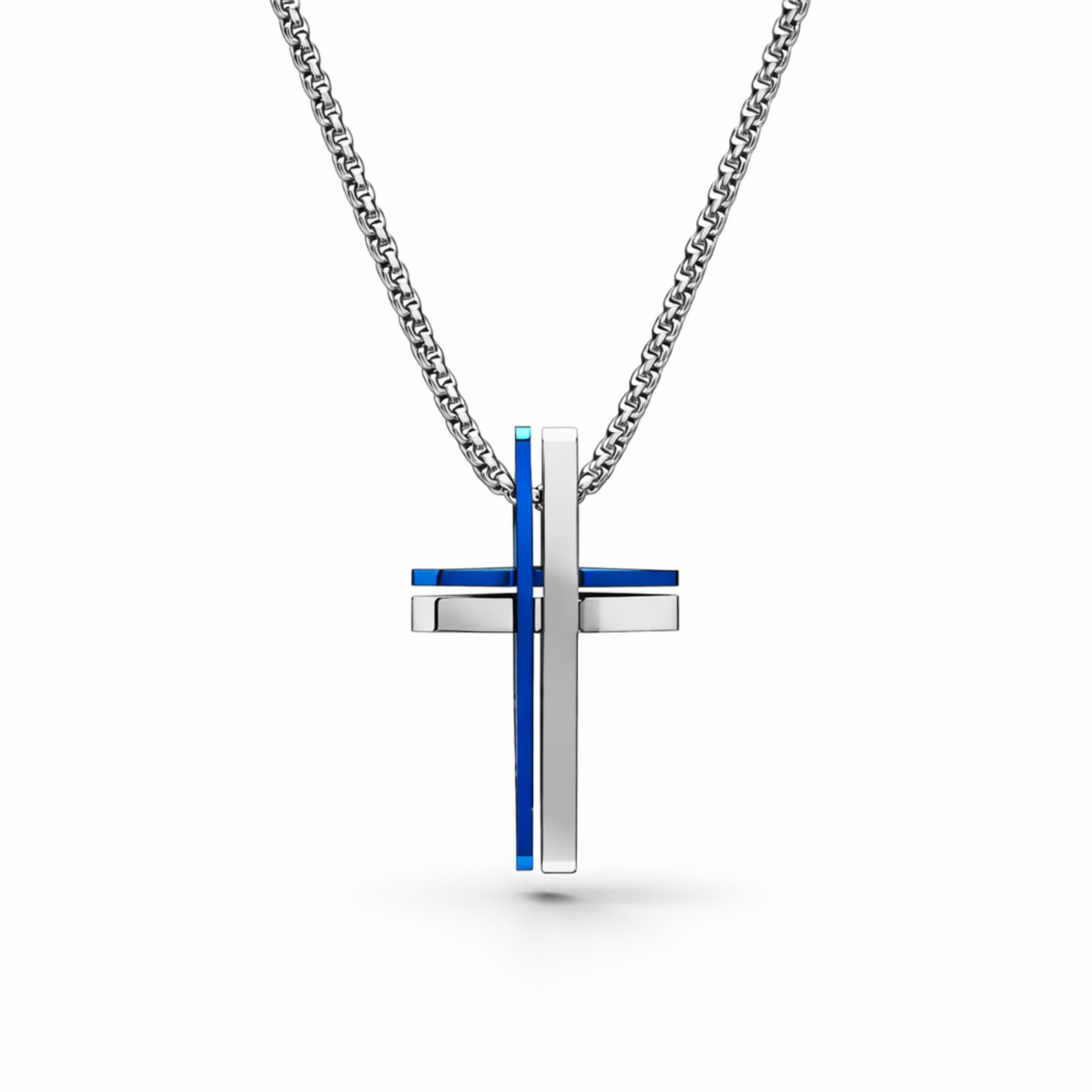 Men’s stainless steel cross necklace with blue IP accent on a 20 inch chain, shown on a white background