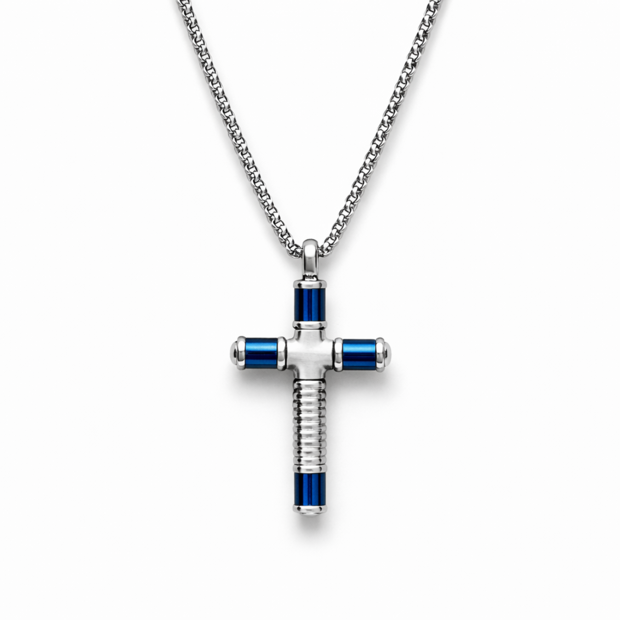 Men’s stainless steel cross necklace with blue IP detail on a 20 inch chain, shown on a white background