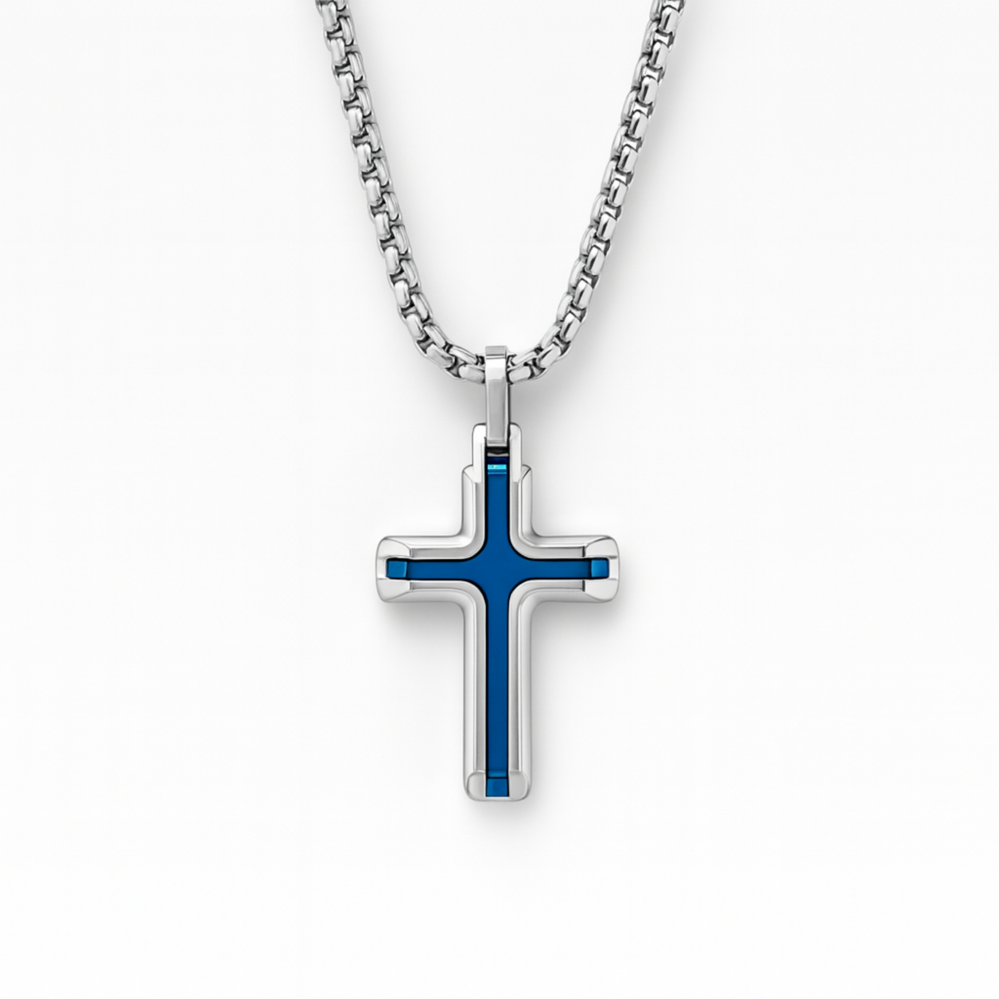 Men’s stainless steel cross necklace with blue IP inlay on a 20 inch chain, shown on a white background