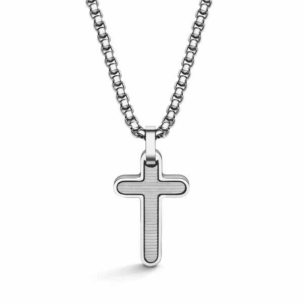 Men’s stainless steel cross necklace with  detailed inlay on an adjustable chain, shown on a white background