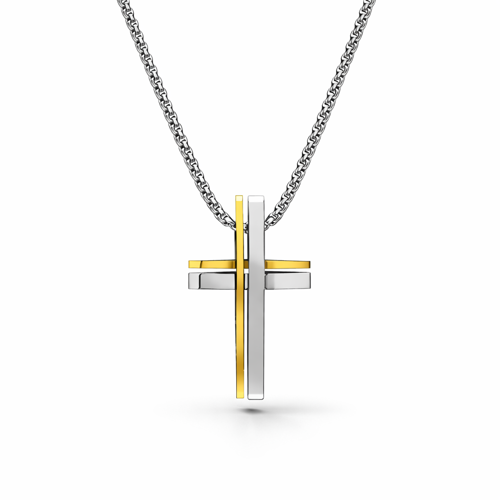 Men’s stainless steel cross necklace with gold IP accent on a 20 inch chain, shown on a white background