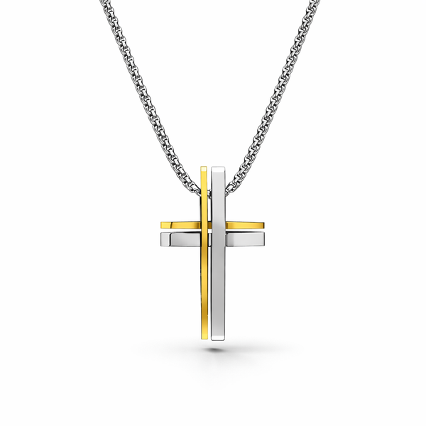 Men’s stainless steel cross necklace with gold IP accent on a 20 inch chain, shown on a white background