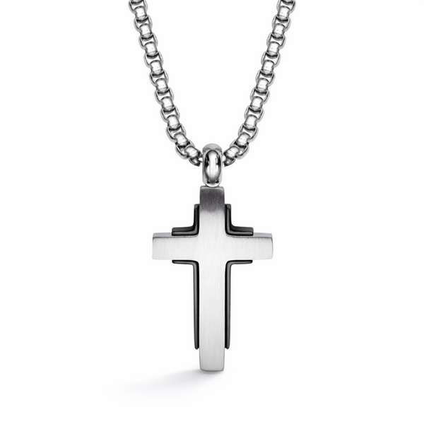 Men’s stainless steel cross necklace with layered black detail design on an adjustable chain, shown on a white background