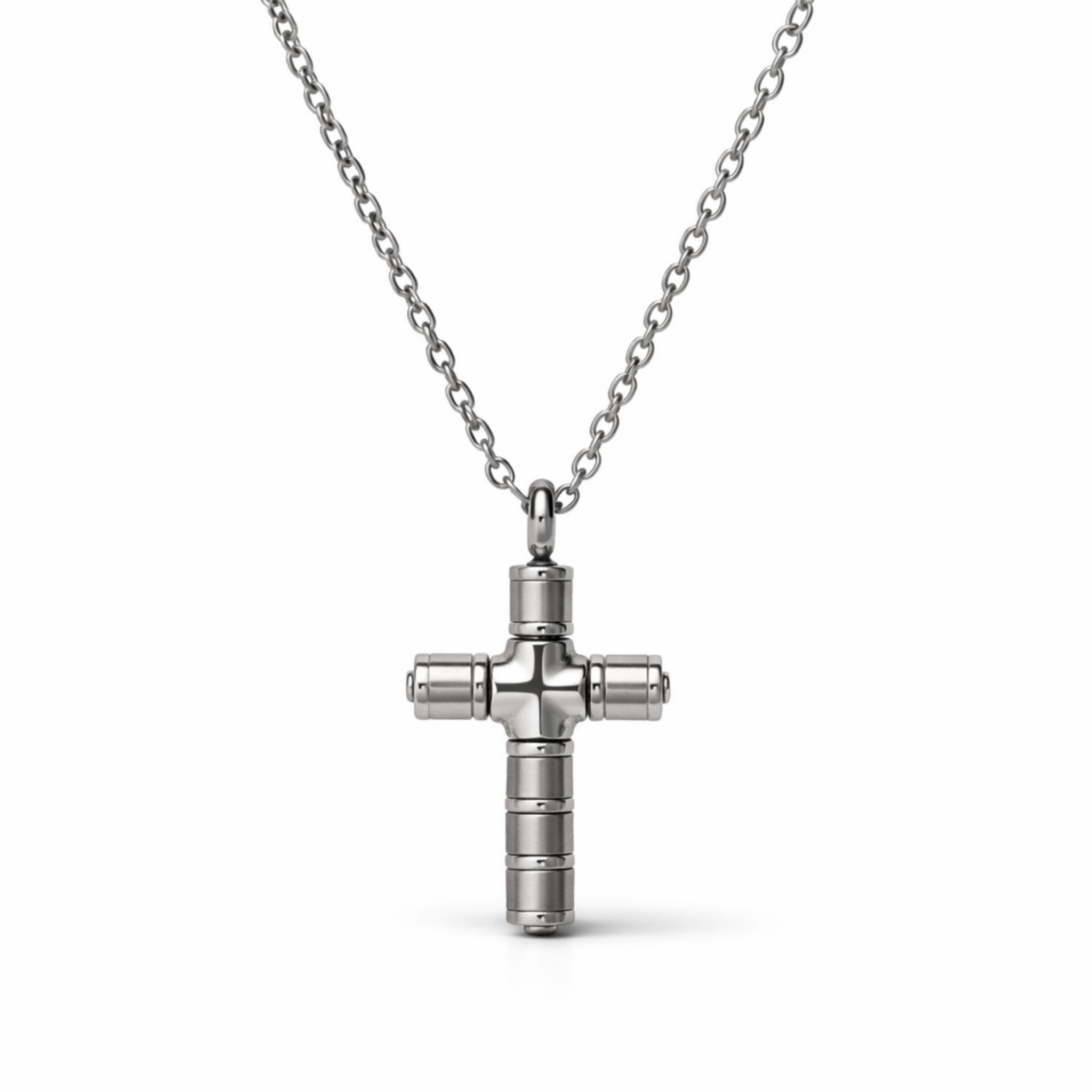 Men’s stainless steel cross necklace with matte and polished finish on a 20 inch chain, shown on a white background