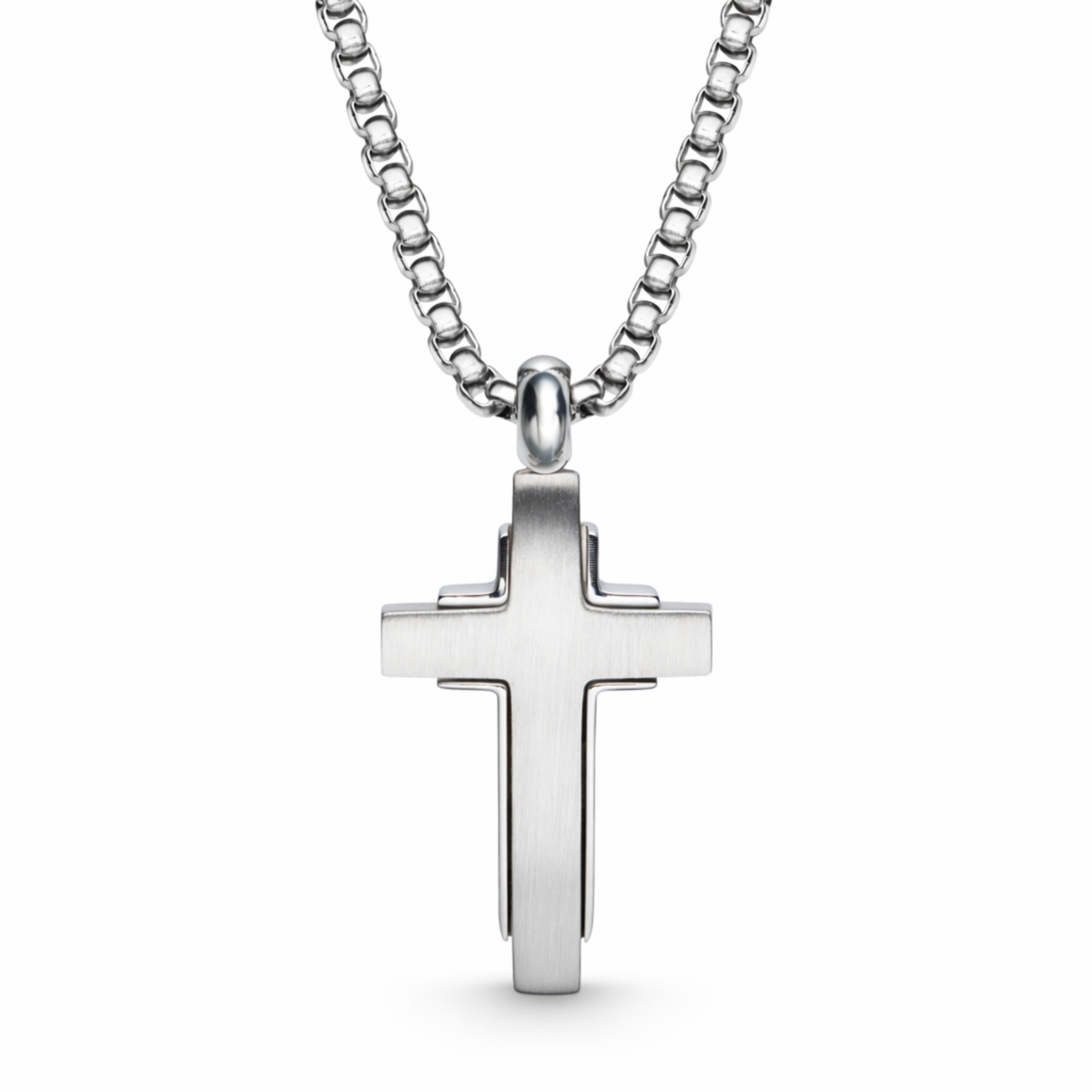 Men’s stainless steel cross necklace with polished layered detail on an adjustable 20 to 22 inch chain, shown on a white background