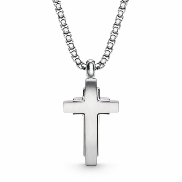 Men’s stainless steel cross necklace with polished layered detail on an adjustable 20 to 22 inch chain, shown on a white background
