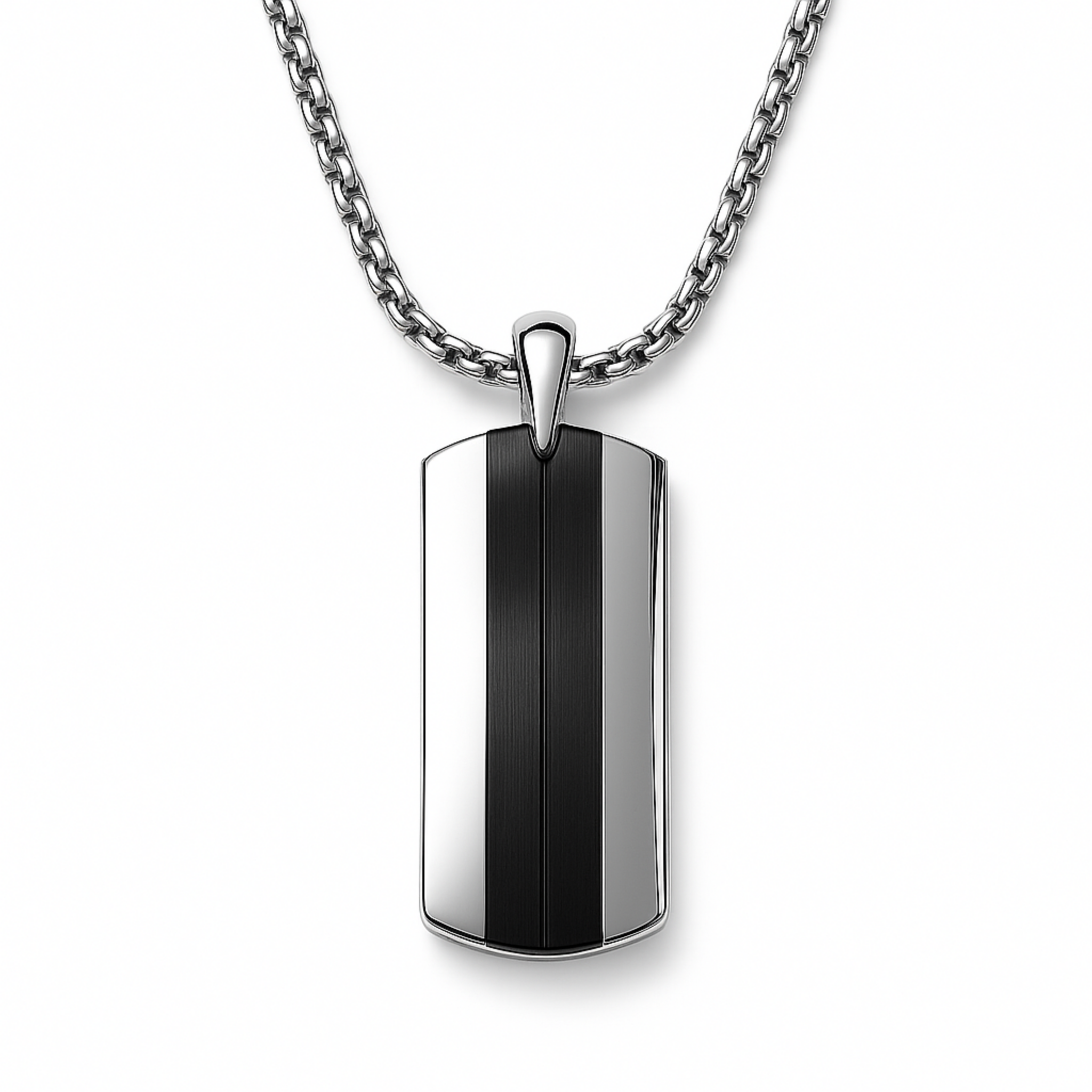 Men’s stainless steel dog tag necklace with black IP centre stripe on a 20 inch chain, shown on a white background