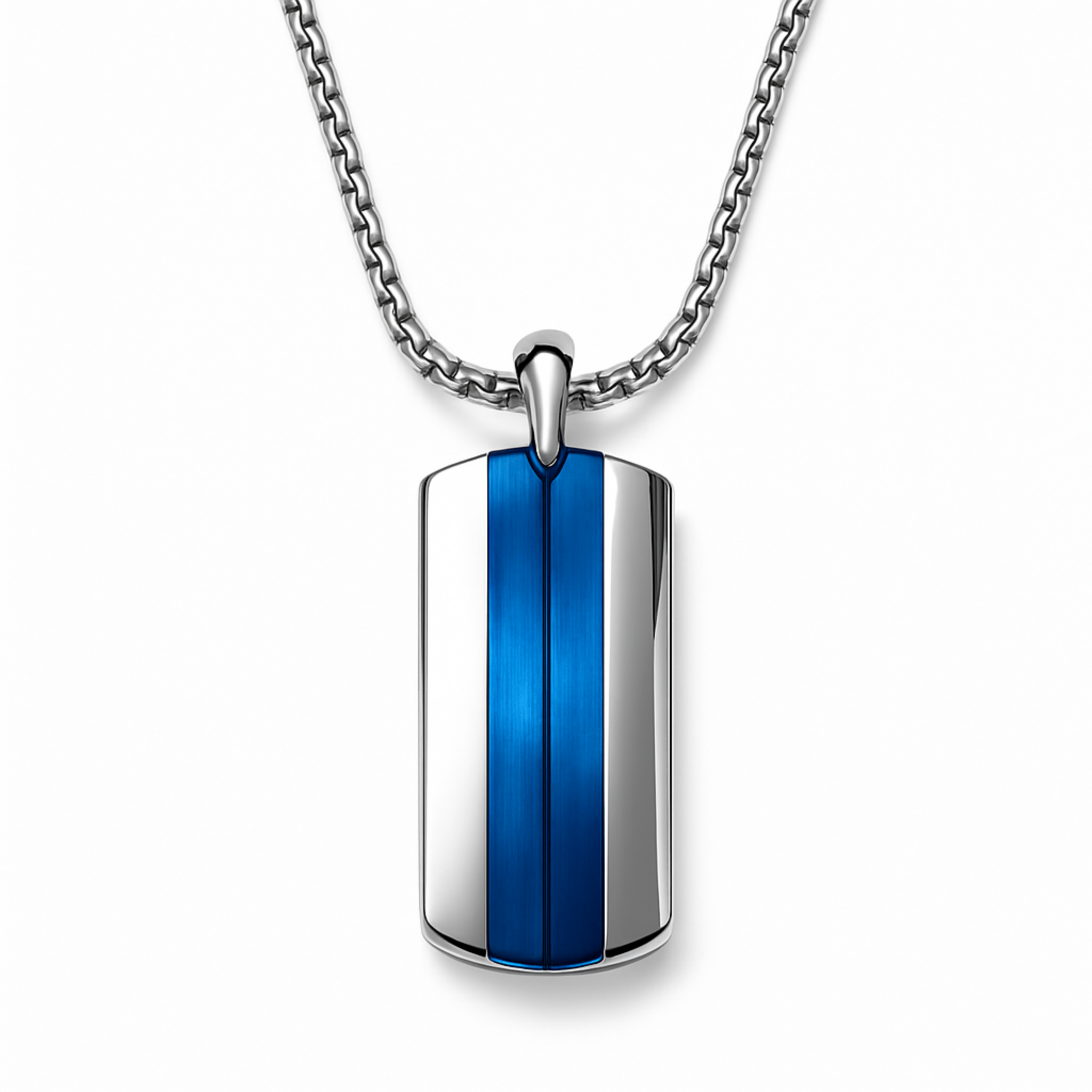 Men’s stainless steel dog tag necklace with blue IP centre stripe on a 20 inch chain, shown on a white background