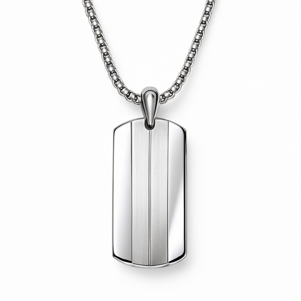 Men’s stainless steel dog tag necklace with brushed centre stripe on a 20 inch chain, shown on a white background
