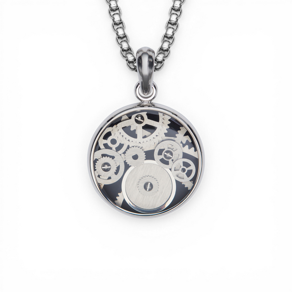 Men’s stainless steel gear pendant necklace with visible watch parts on a 20 inch chain, shown on a white background