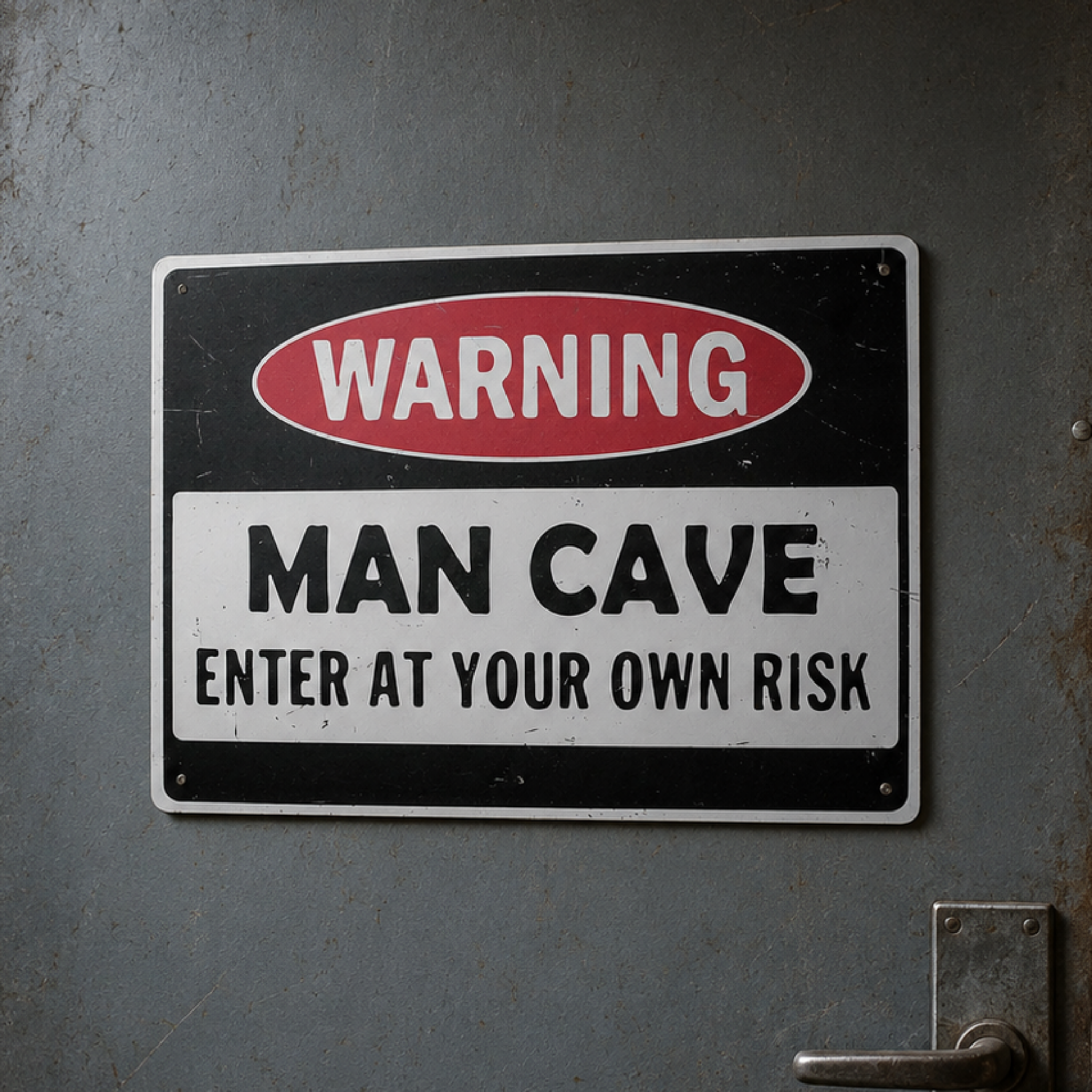 Close up of a metal Warning Man Cave Enter At Your Own Risk tin sign on an industrial metal door