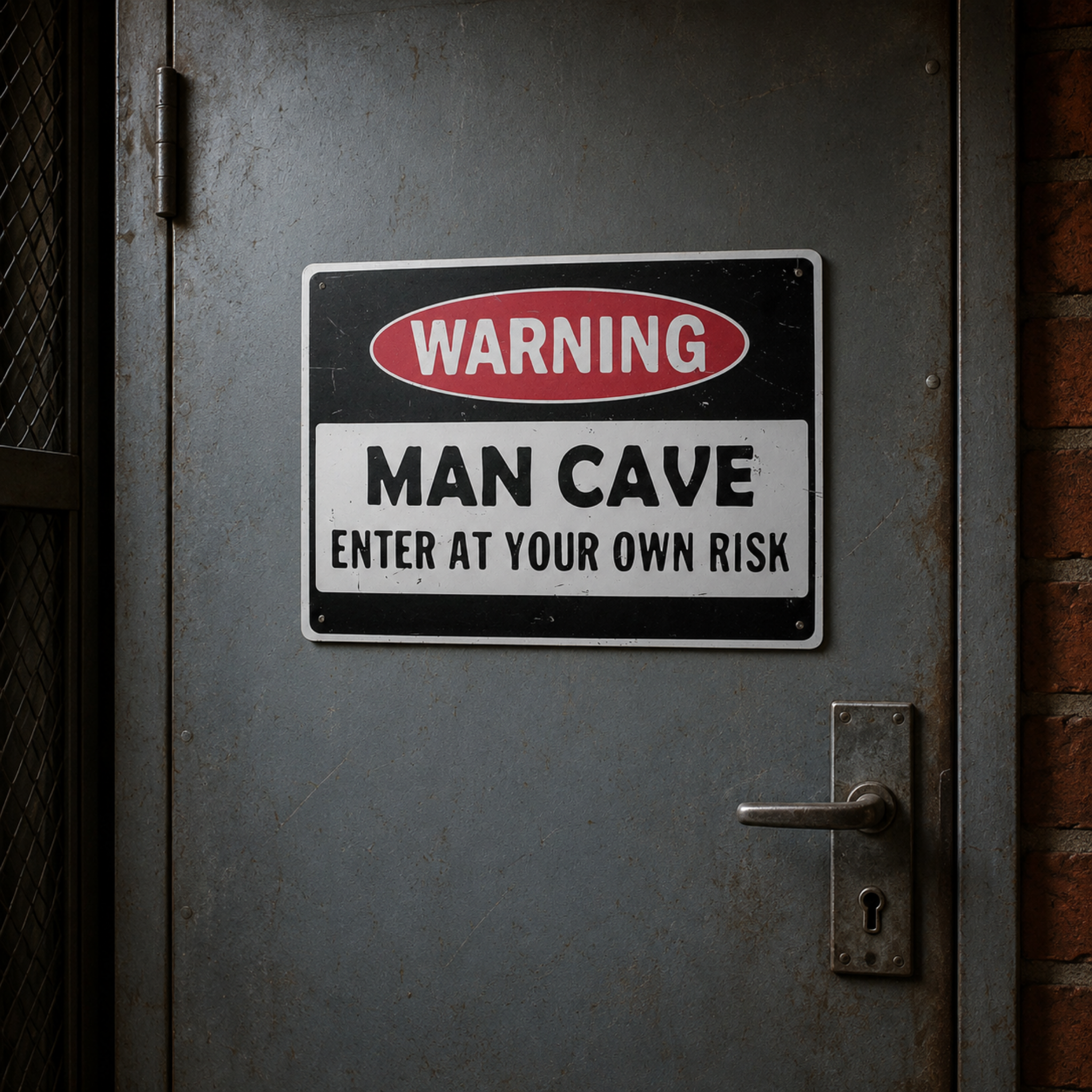 Metal Warning Man Cave Enter At Your Own Risk tin sign mounted on an industrial metal door