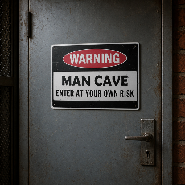 Metal Warning Man Cave Enter At Your Own Risk tin sign mounted on an industrial metal door