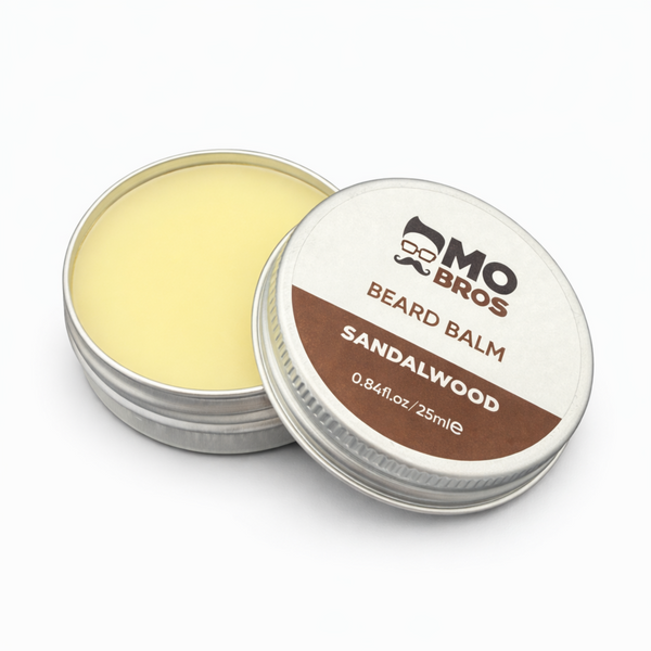 Open tin of Mo Bros Sandalwood Beard Balm 25ml showing balm texture
