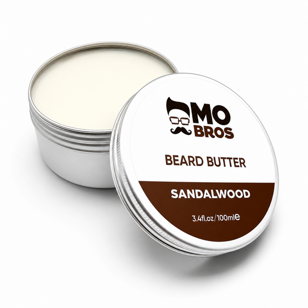 Beard butter container with 'MO BROS' branding on a white background
