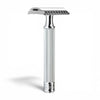 Angled view of MÜHLE R41 chrome open comb safety razor with textured handle