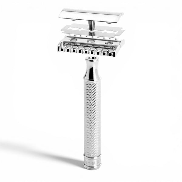 Exploded view of MÜHLE R41 open comb safety razor showing blade assembly components