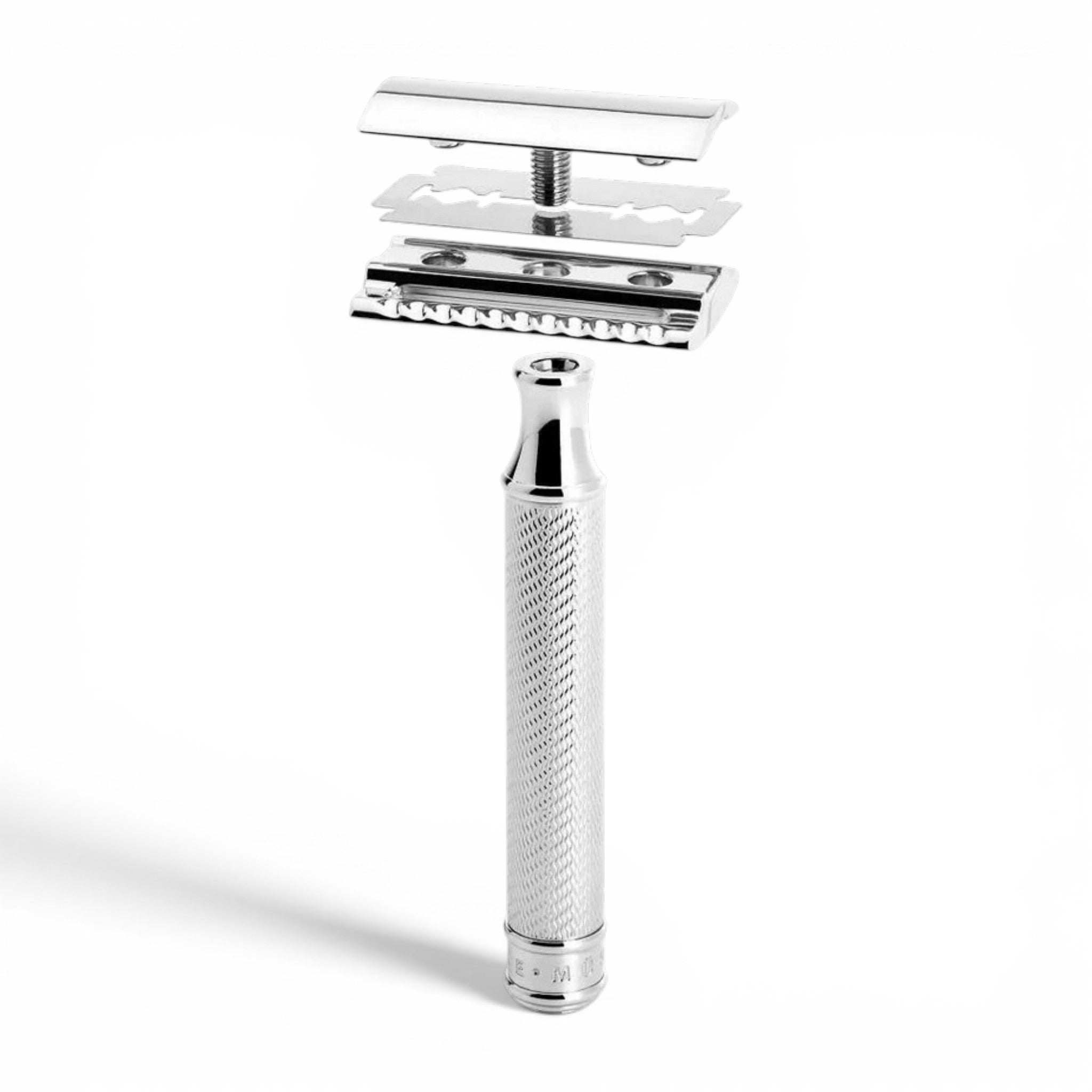 Exploded view of MÜHLE R89 chrome safety razor showing blade assembly components