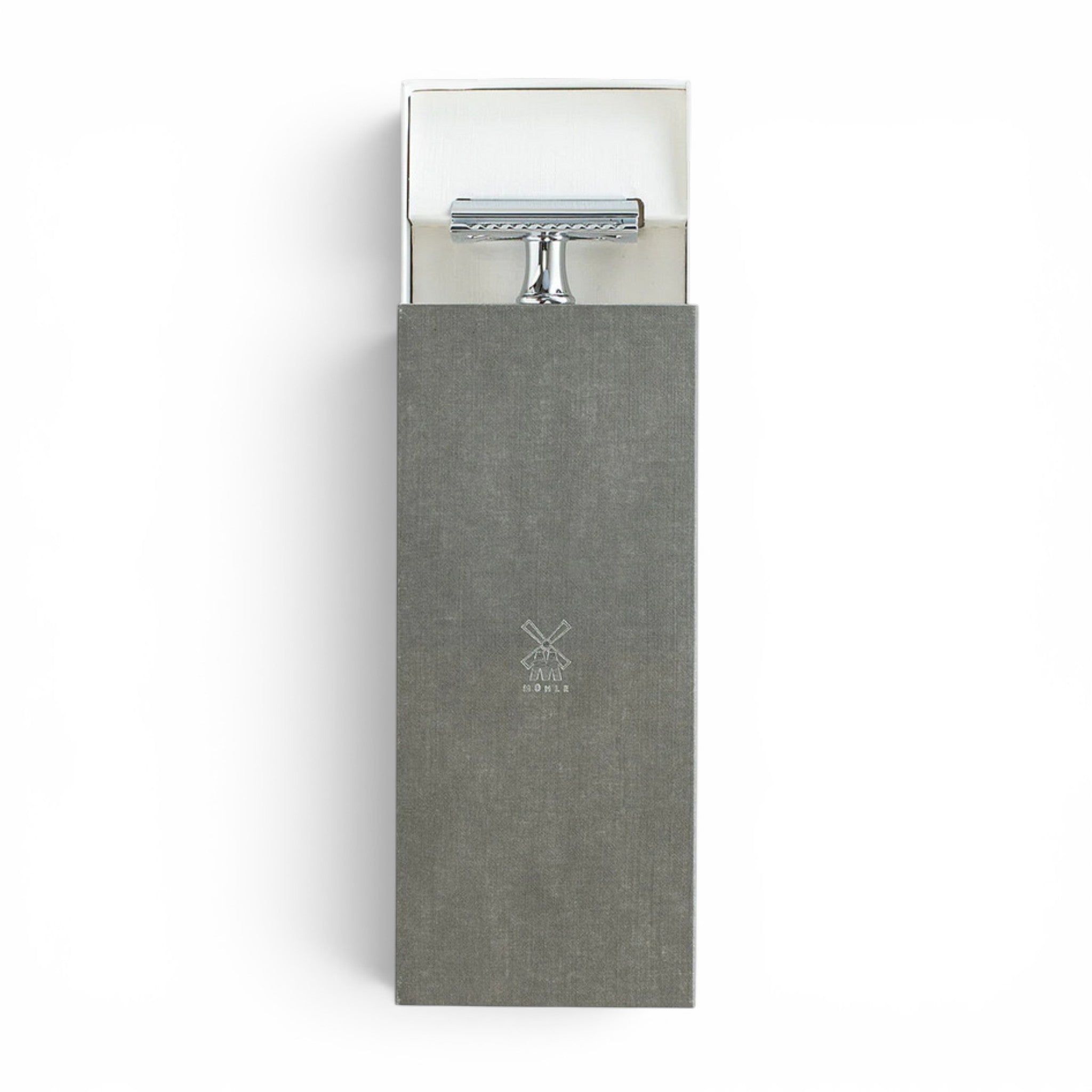 MÜHLE R89 chrome safety razor presented in grey MÜHLE gift box
