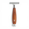 MÜHLE VIVO plum wood closed comb safety razor with chrome detailing on white background